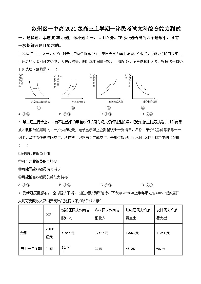 2024宜宾叙州区一中高三上学期一诊模拟考试文综政治试题含解析01