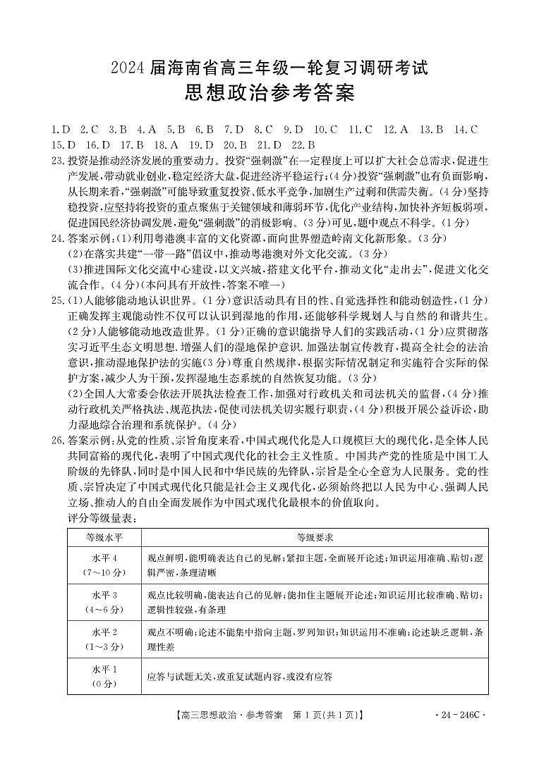 2024届海南省高三年级一轮复习调研考试（金太阳246C）政治01