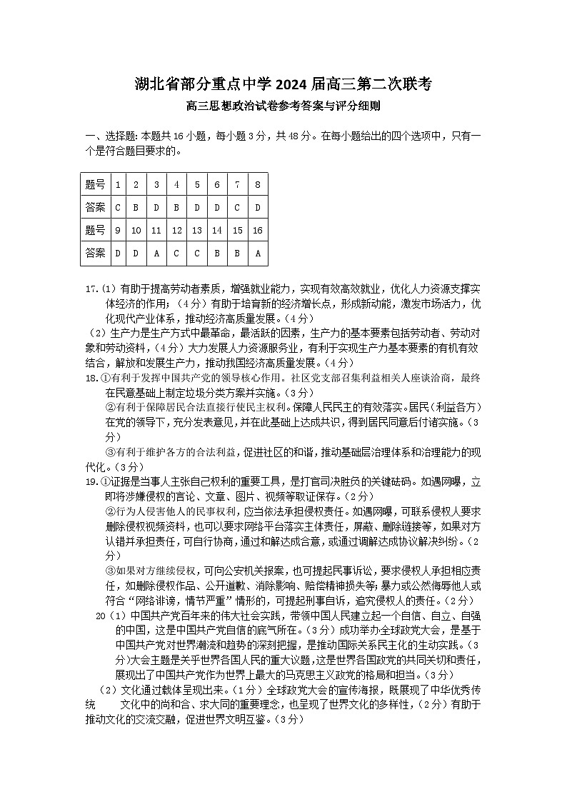 湖北省部分重点中学2023-2024学年高三第二次联考（六校联考）政治答案第1页