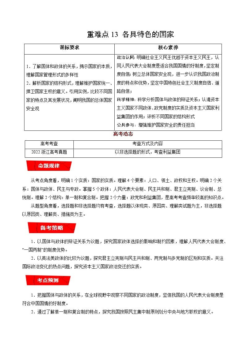 重难点13 各具特色的国家-备战2024年高考政治重难点导与练（新教材新高考）01