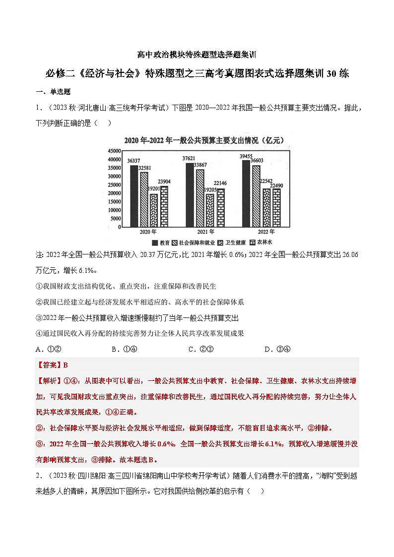 必修二《经济与社会》特殊题型之四高考模题题图表式选择题集训30练01