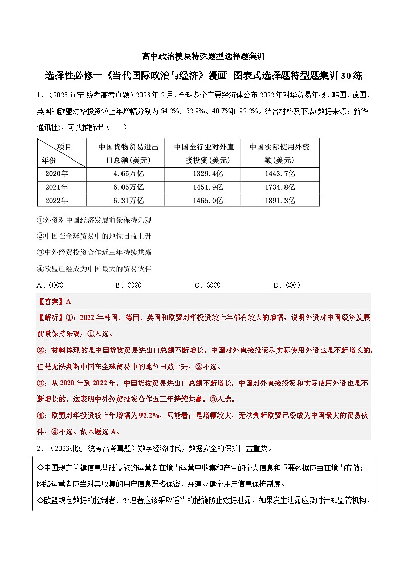 选择性必修一《当代国际政治与经济》特殊题型漫画+图表式选择题集训30练01