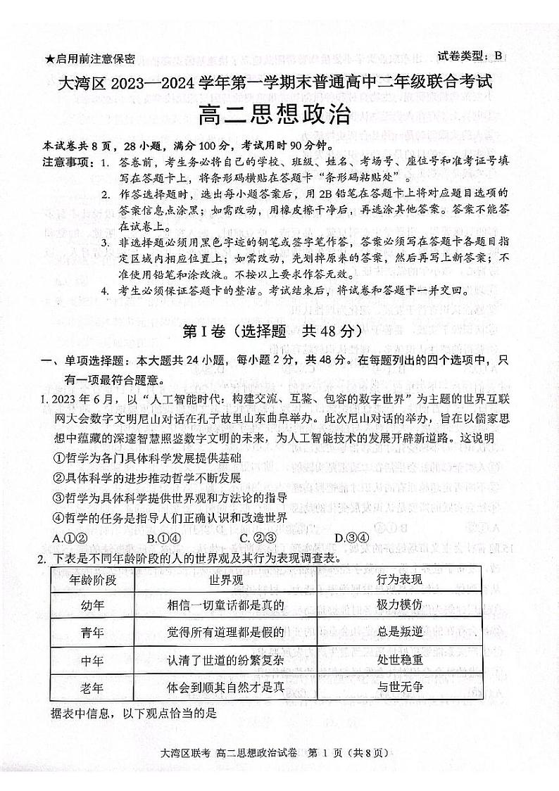 51，广东省大湾区2023-2024学年高二上学期期末联合考试政治试题第1页