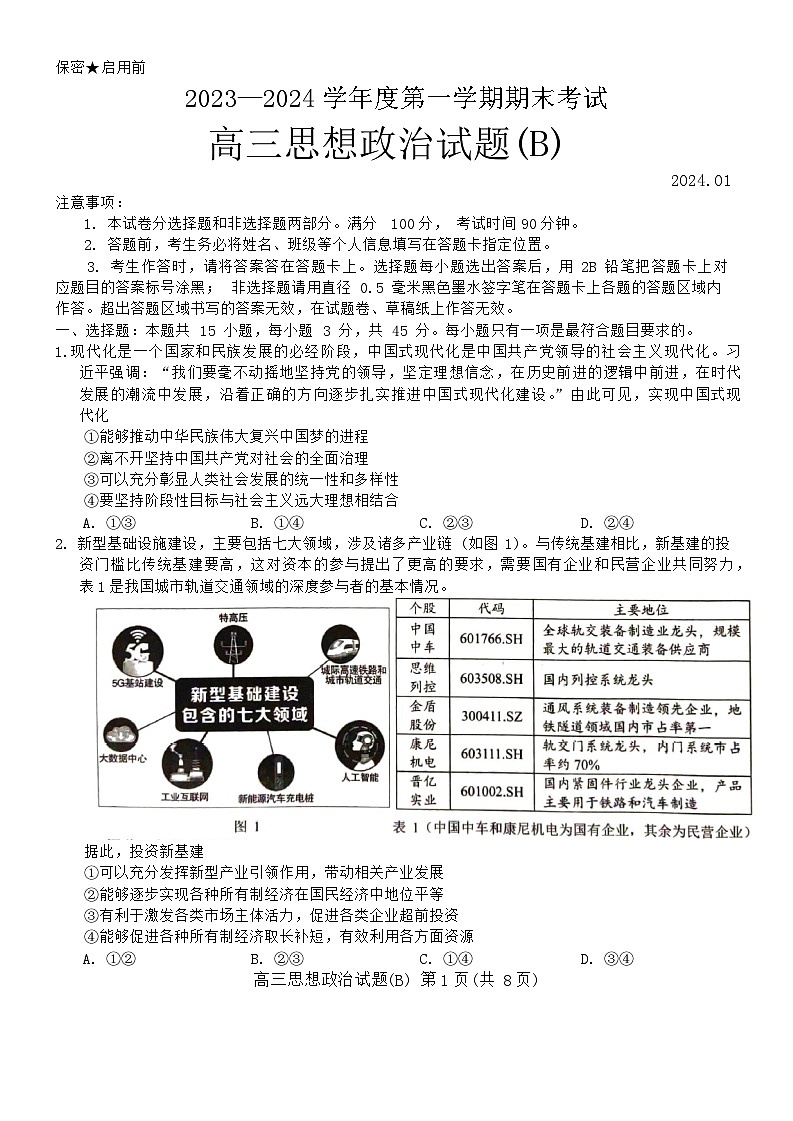 山东省菏泽市2023-2024学年高三上学期期末考试政治试题（B）01