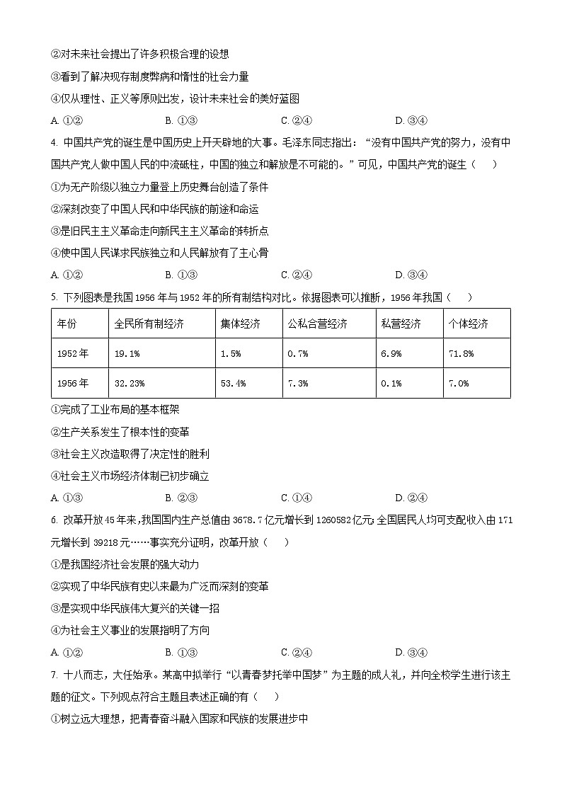 2024青岛高一上学期1月期末选科测试政治含解析第2页