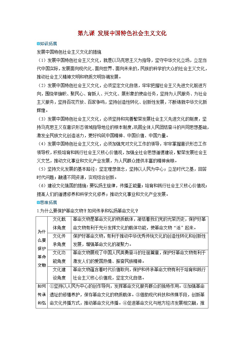 备考2024届高考政治一轮复习强化训练必修4第九课发展中国特色社会主义文化第1页