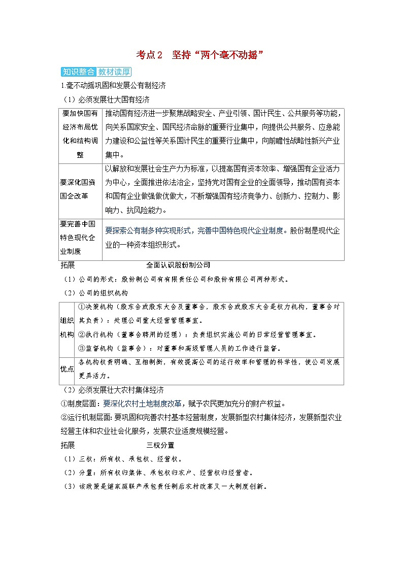 备考2024届高考政治一轮复习讲义必修2第一课我国的生产资料所有制考点2坚持“两个毫不动摇”第1页