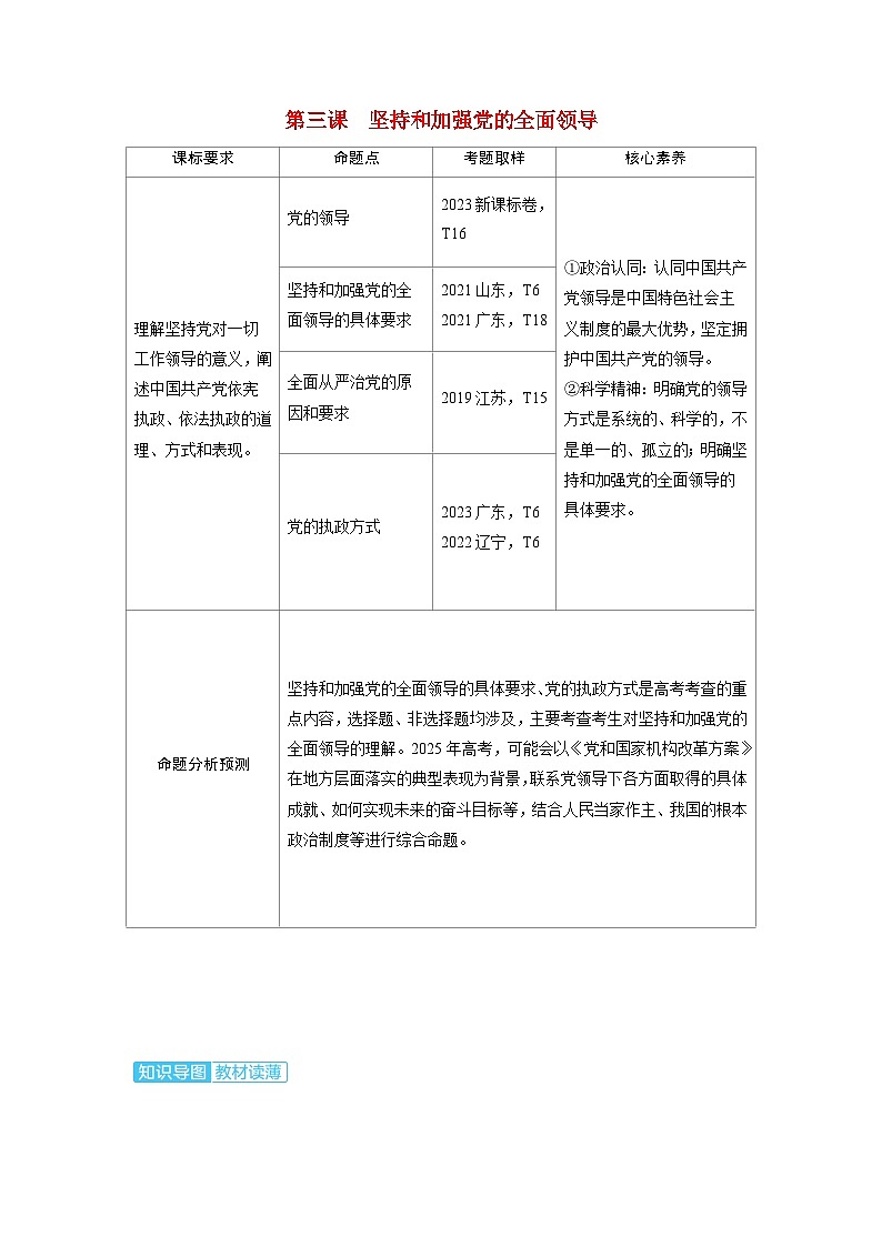 备考2024届高考政治一轮复习讲义必修3第三课坚持和加强党的全面领导考点1坚持党的领导01