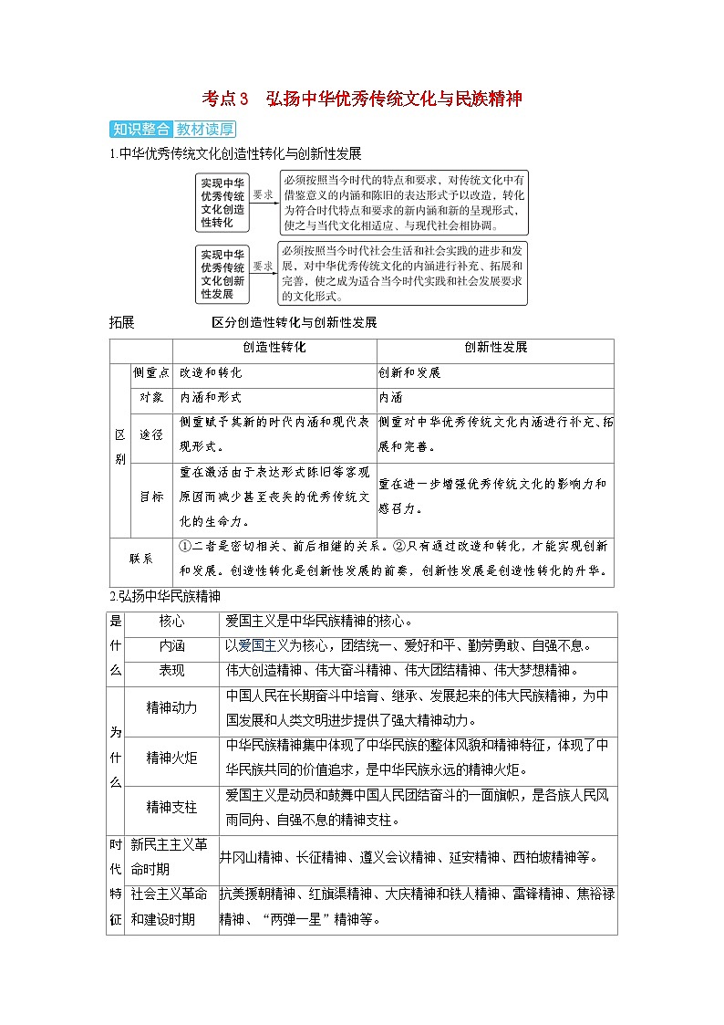 备考2024届高考政治一轮复习讲义必修4第七课继承发展中华优秀传统文化考点3弘扬中华优秀传统文化与民族精神第1页