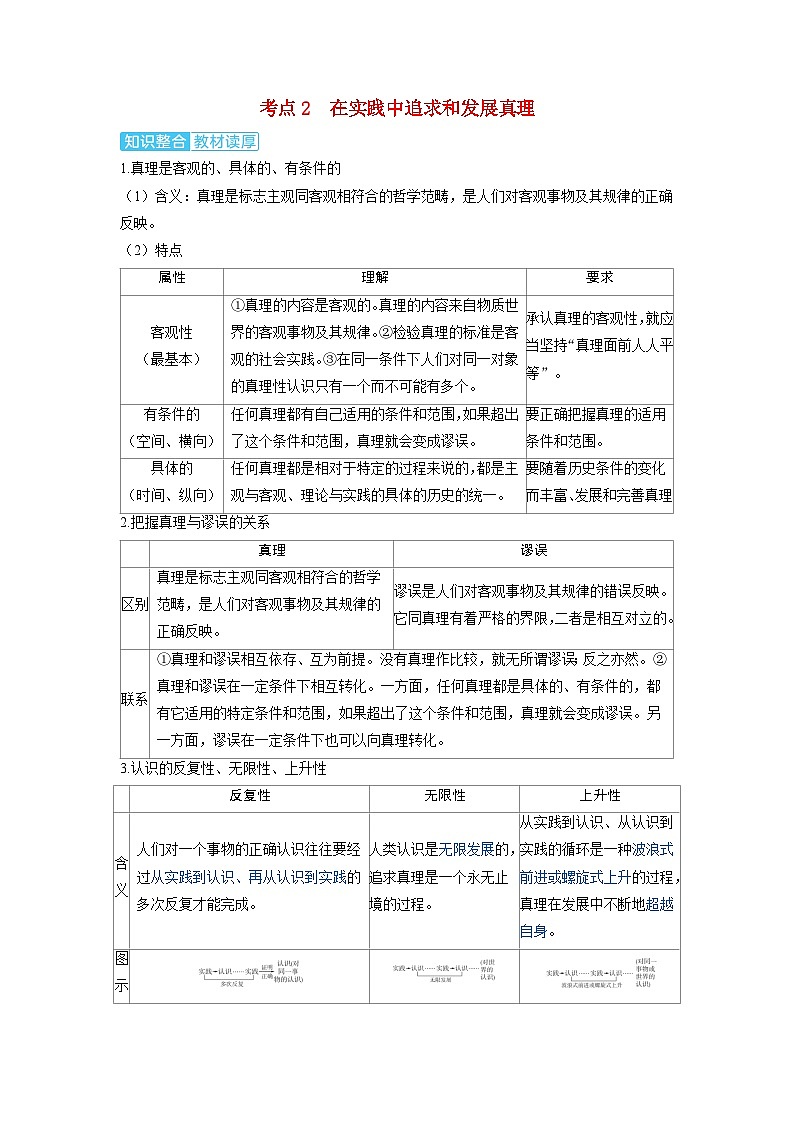 备考2024届高考政治一轮复习讲义必修4第四课探索认识的奥秘考点2在实践中追求和发展真理第1页