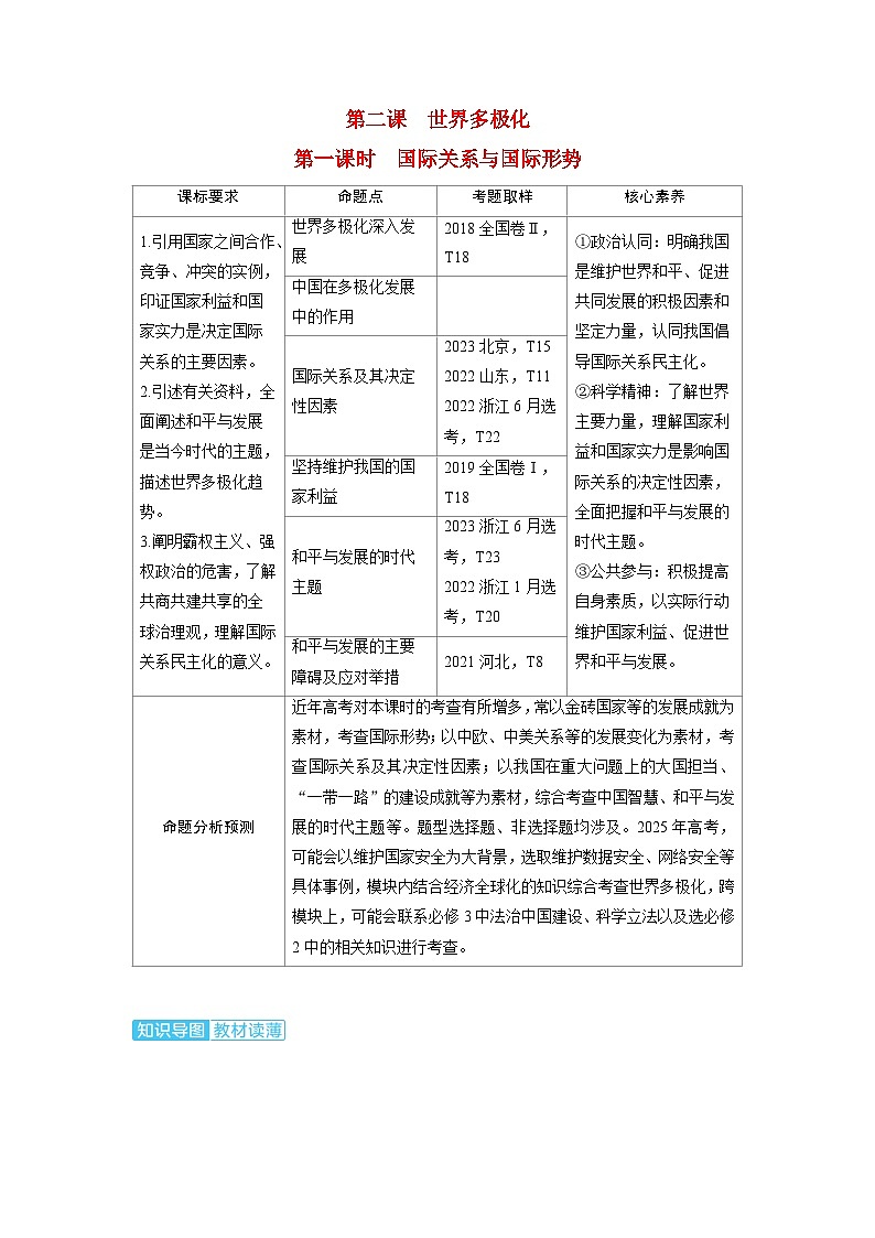 备考2024届高考政治一轮复习讲义选择性必修1第二课世界多极化第一课时国际关系与国际形势考点1世界多极化的发展第1页