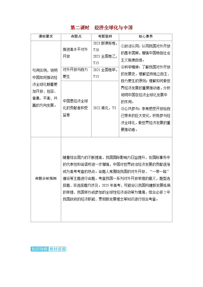 备考2024届高考政治一轮复习讲义选择性必修1第三课经济全球化第二课时经济全球化与中国考点1开放是当代中国的鲜明标识01