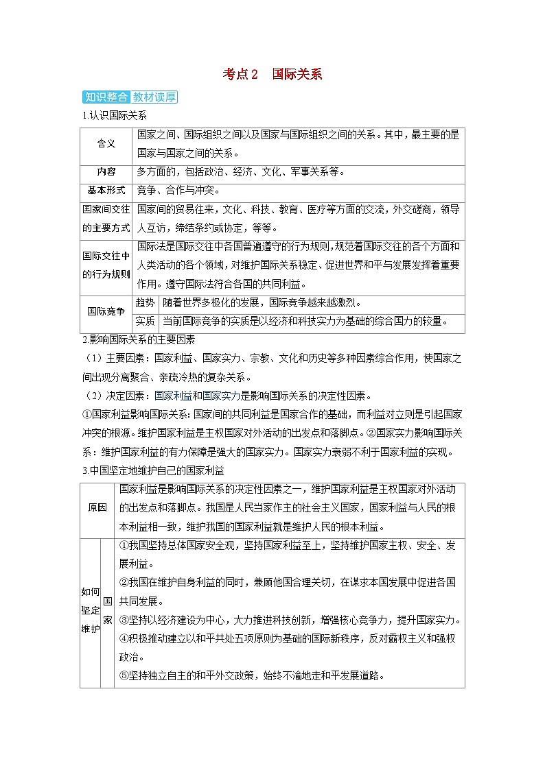 备考2024届高考政治一轮复习讲义选择性必修1第二课世界多极化第一课时国际关系与国际形势考点2国际关系第1页