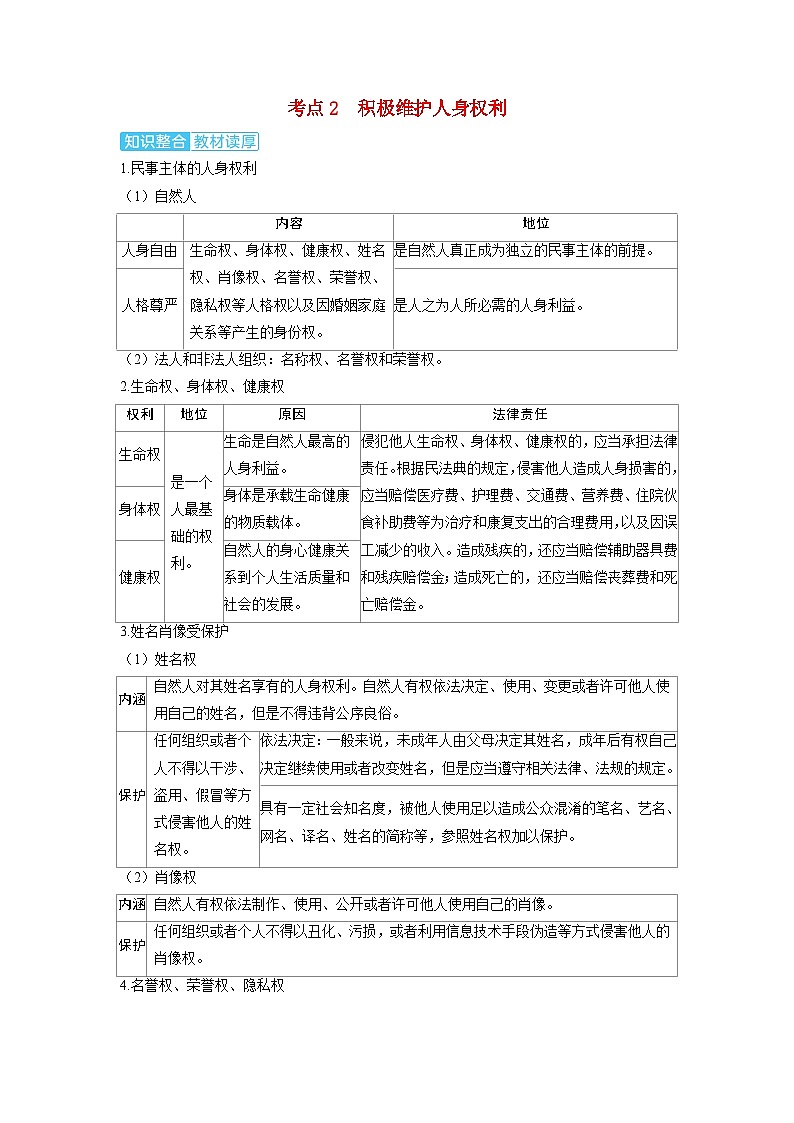 备考2024届高考政治一轮复习讲义选择性必修2第一课民事权利与义务第一课时在生活中学民法用民法考点2积极维护人身权利第1页