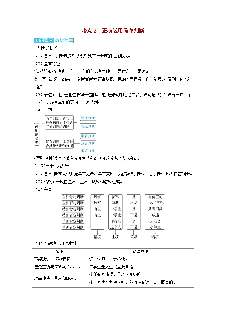 备考2024届高考政治一轮复习讲义选择性必修3第二课遵循逻辑思维规则第一课时概念与判断考点2正确运用简单判断第1页