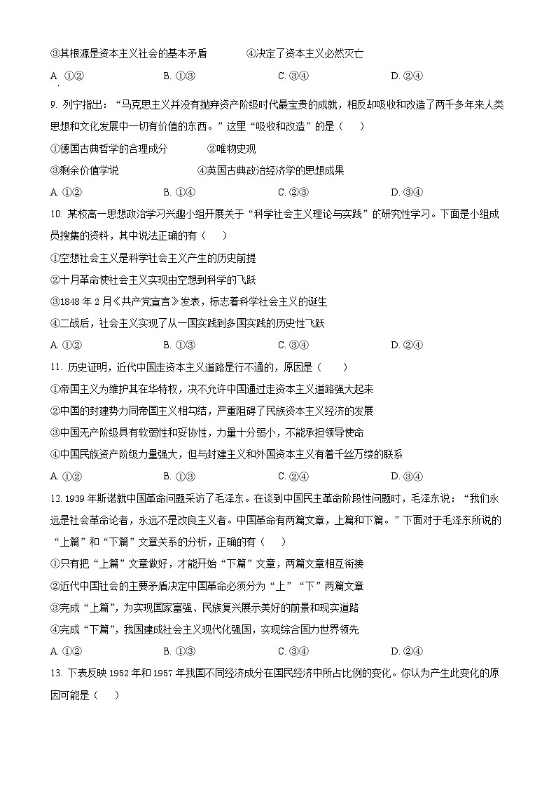 浙江省杭州市2023-2024学年高一上学期期末学业水平测试政治试卷（Word版附解析）02