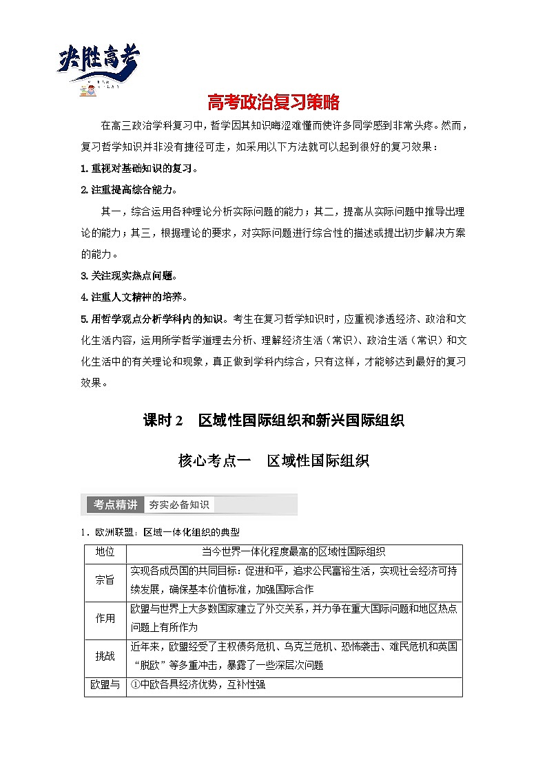 2024年高考政治一轮复习讲义（部编版） 选择性必修1　第30课　课时2　区域性国际组织和新兴国际组织01