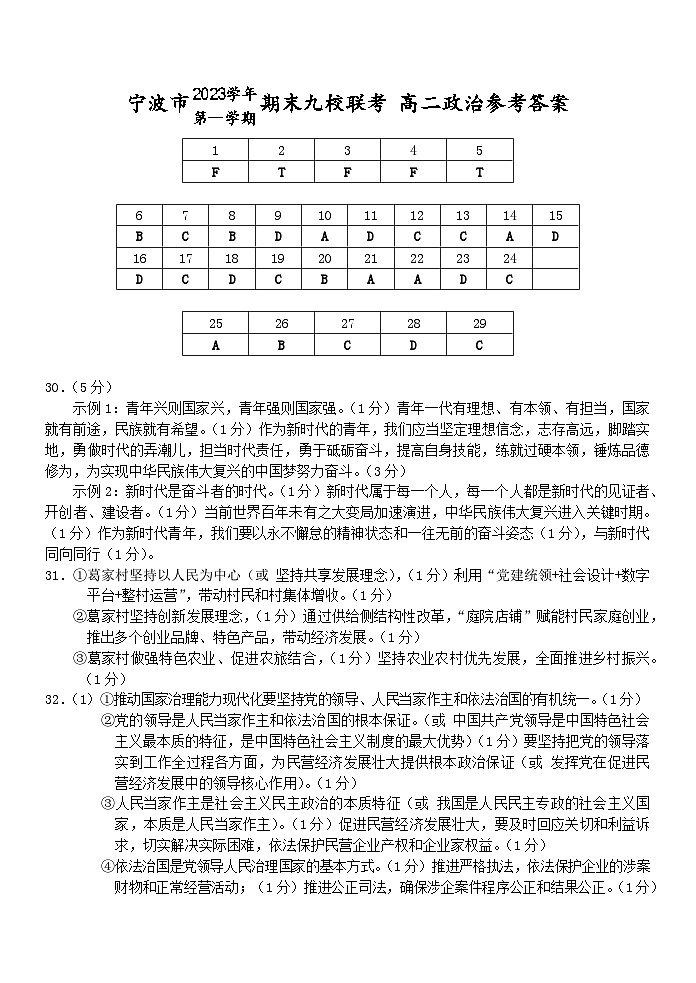 浙江省宁波市九校2023-2024学年高二上学期期末联考政治答案第1页