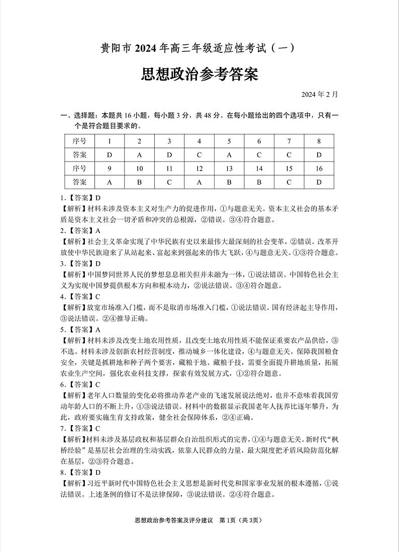 贵州省贵阳市2024年高三年级适应性测试（一）政治试题及答案01