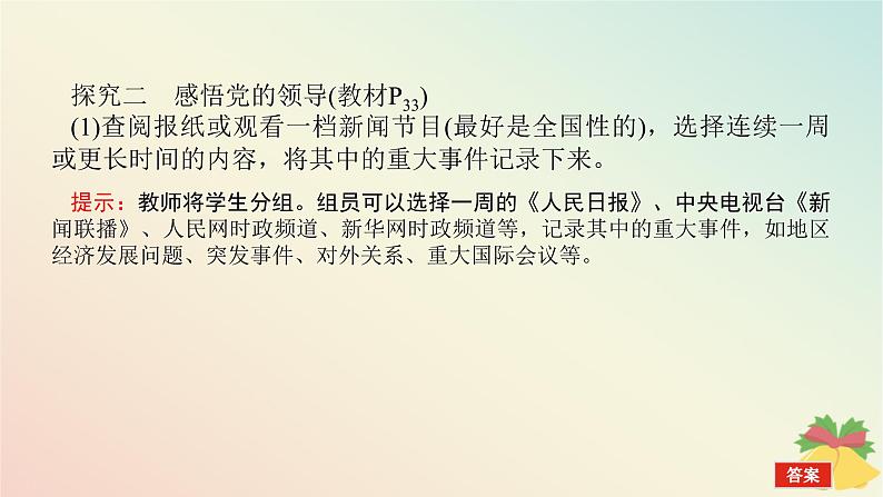 2024版新教材高中政治第一单元中国共产党的领导综合探究一始终走在时代前列的中国共产党课件部编版必修305