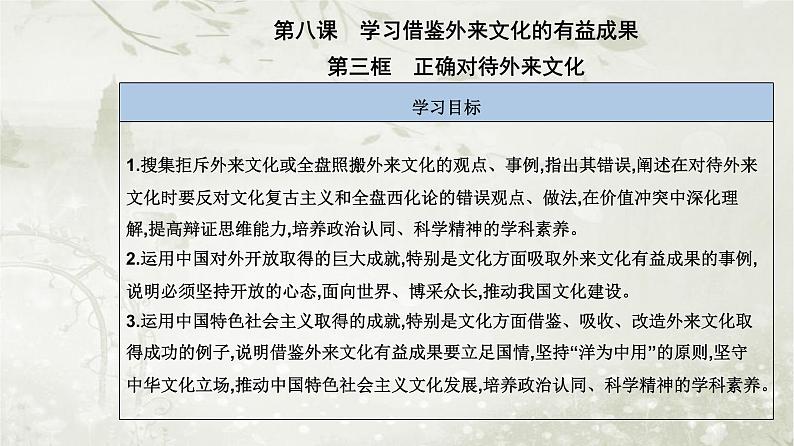 人教版高中思想政治必修4哲学与文化第三单元文化传承与文化创新第八课第三框正确对待外来文化课件第2页