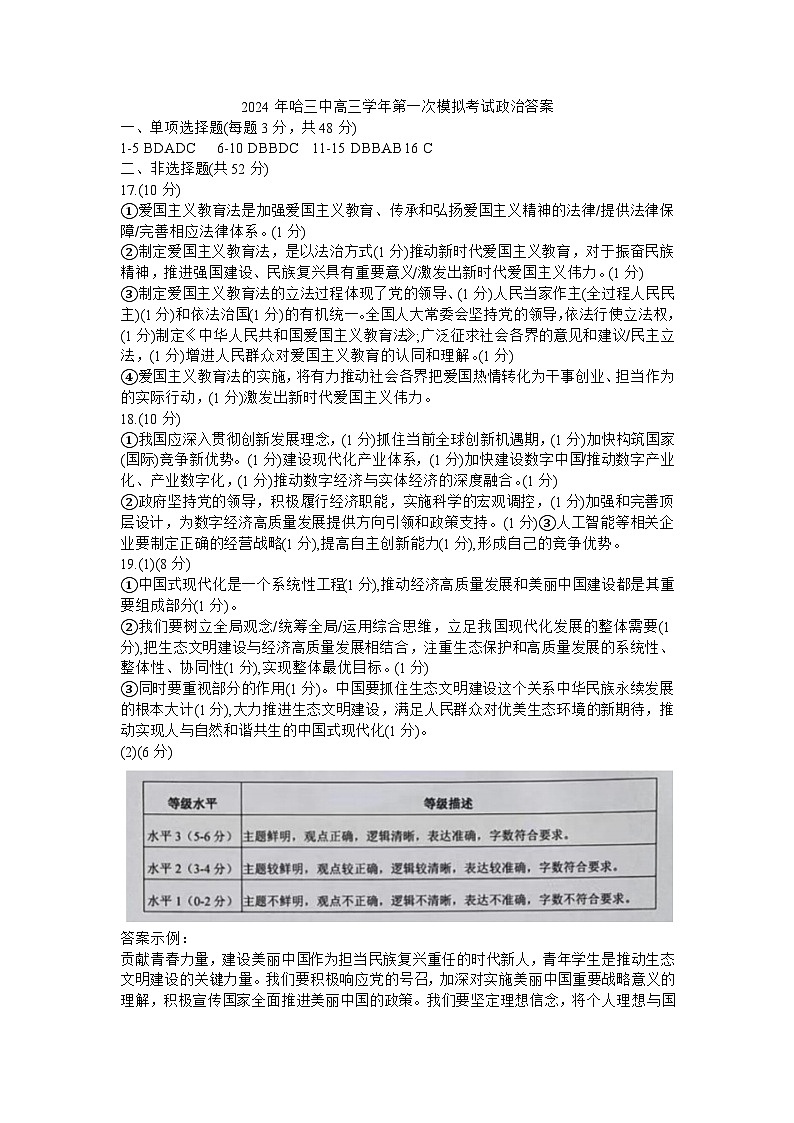 2024届黑龙江省哈尔滨市第三中学校高三下学期第一次模拟考试政治试卷01
