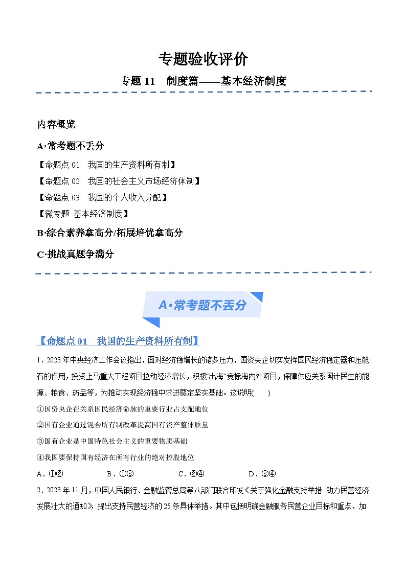 专题11  制度篇——基本经济制度（分层练）（原卷版）第1页