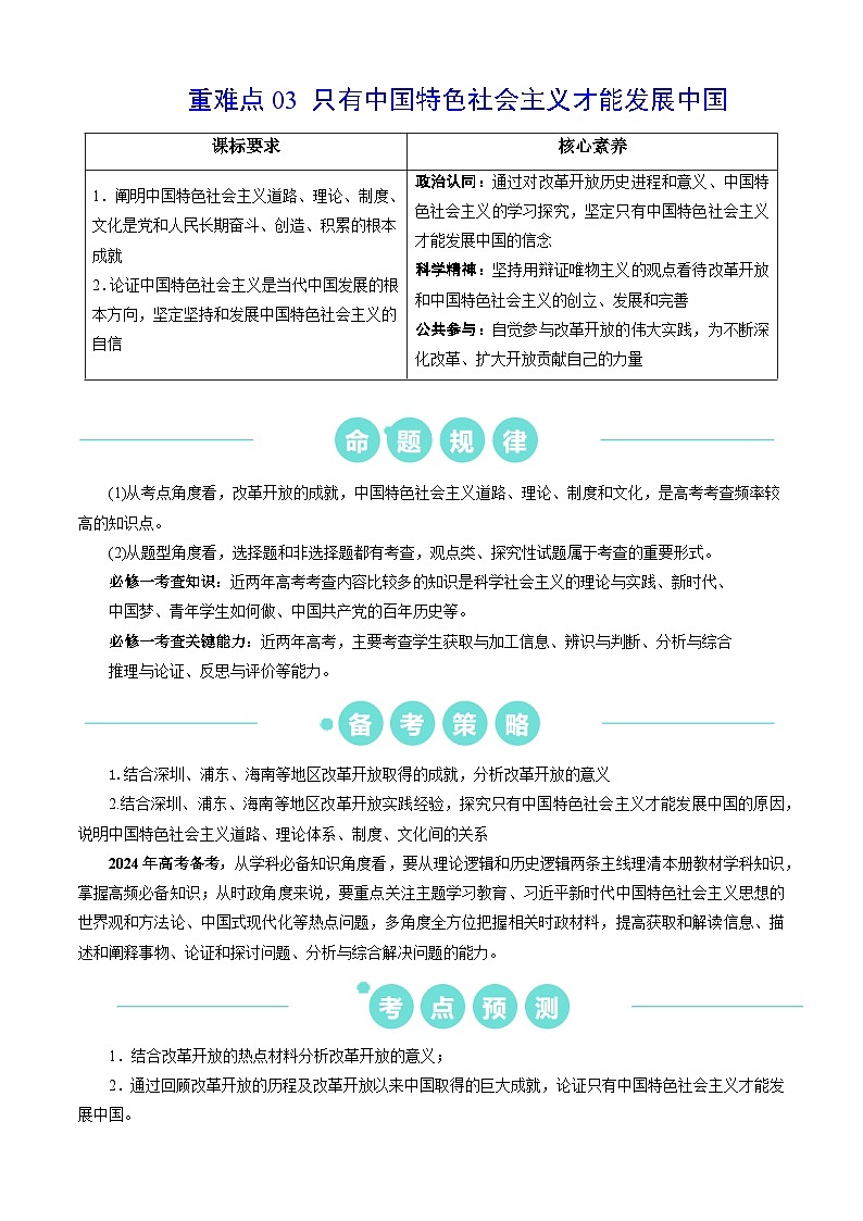 重难点03 只有中国特色社会主义才能发展中国（原卷版）第1页