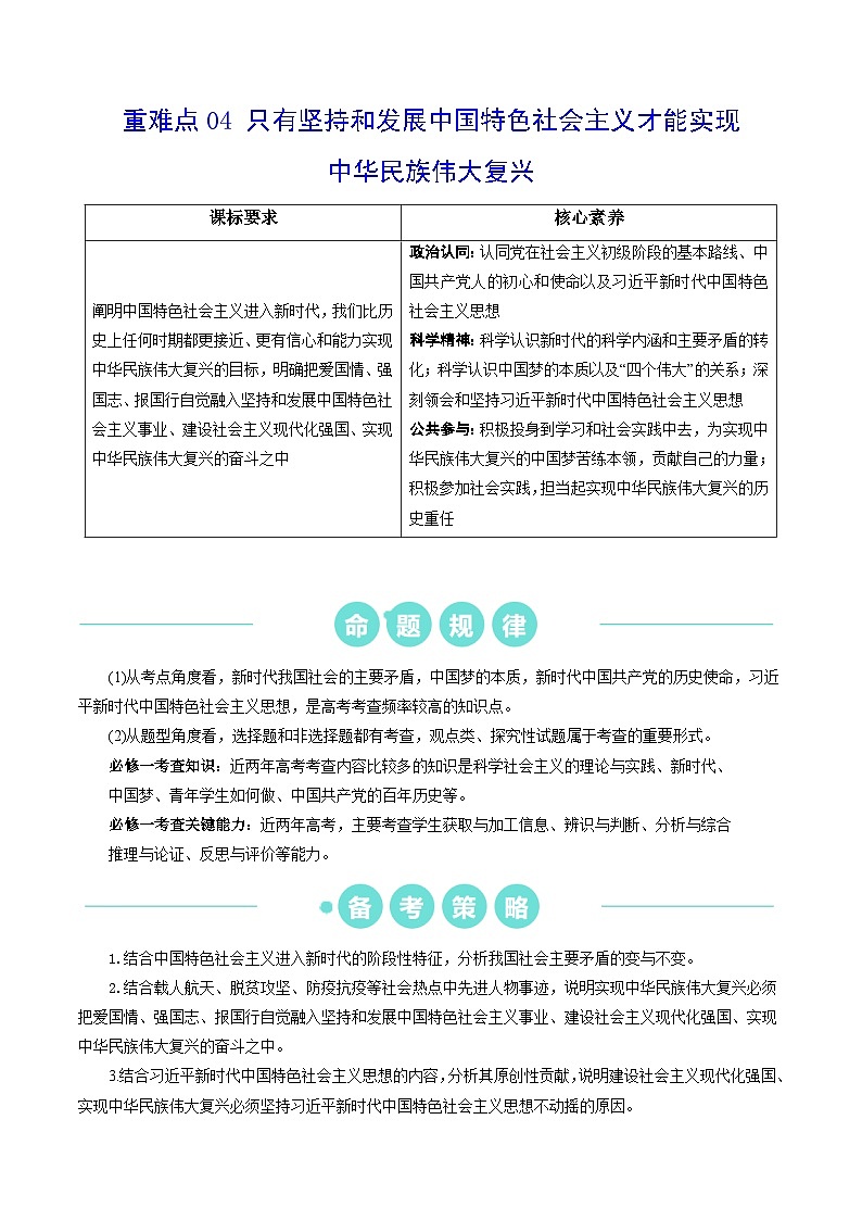 重难点04 只有坚持和发展中国特色社会主义才能实现中华民族伟大复兴2024年高考政治【热点·重难点】专练（新高考专用）01