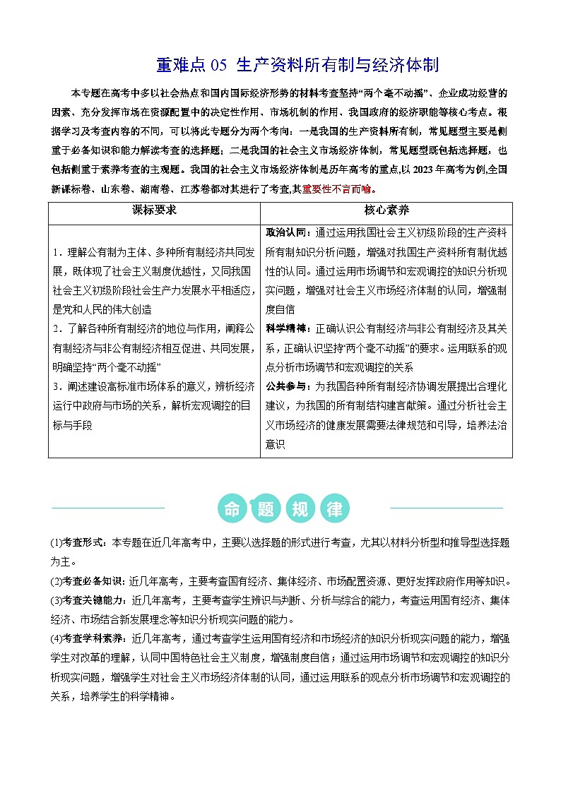 重难点05   生产资料所有制与经济体制（解析版）第1页