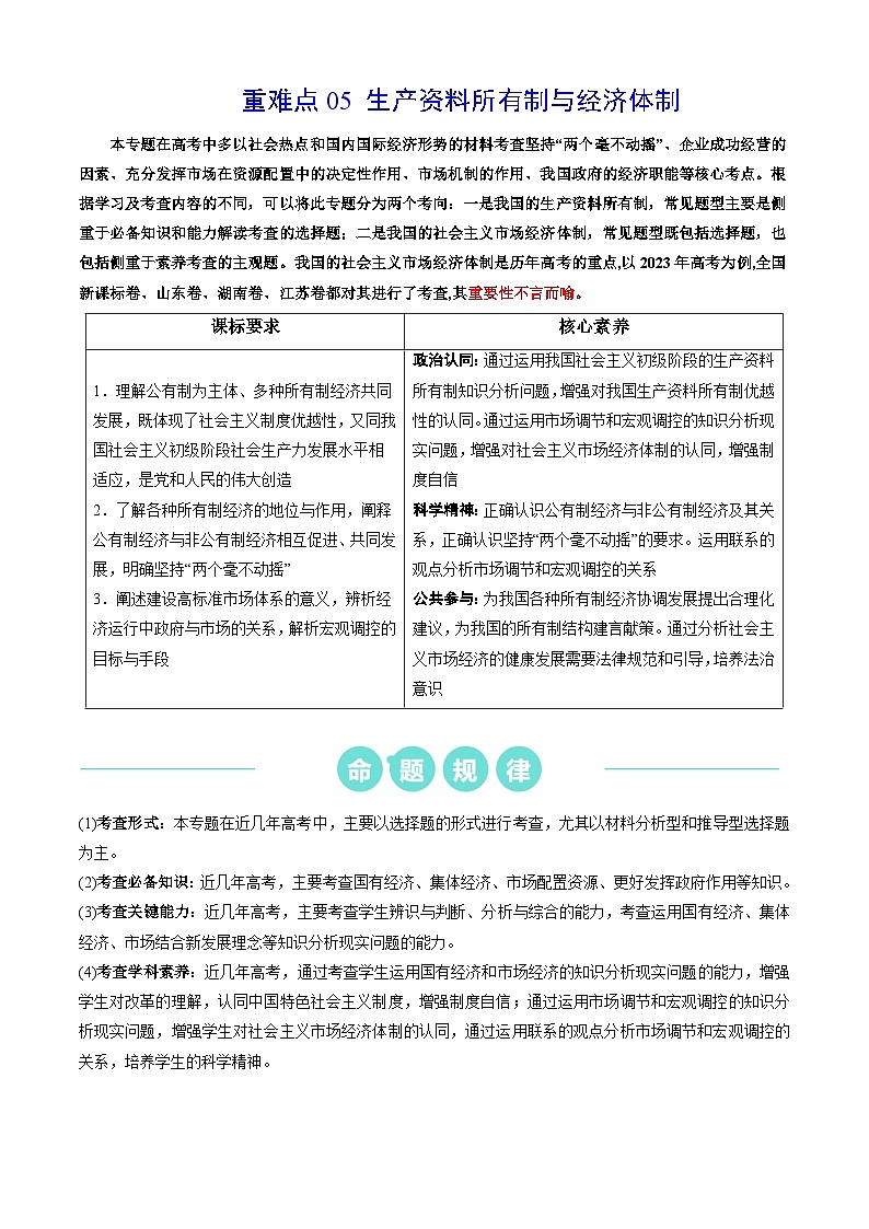 重难点05  生产资料所有制与经济体制（原卷版）第1页