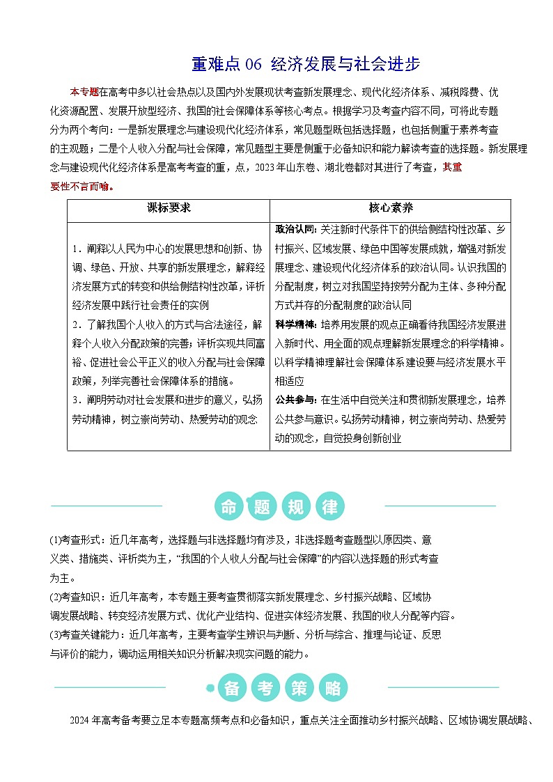重难点06 经济发展与社会进步2024年高考政治【热点·重难点】专练（新高考专用）01