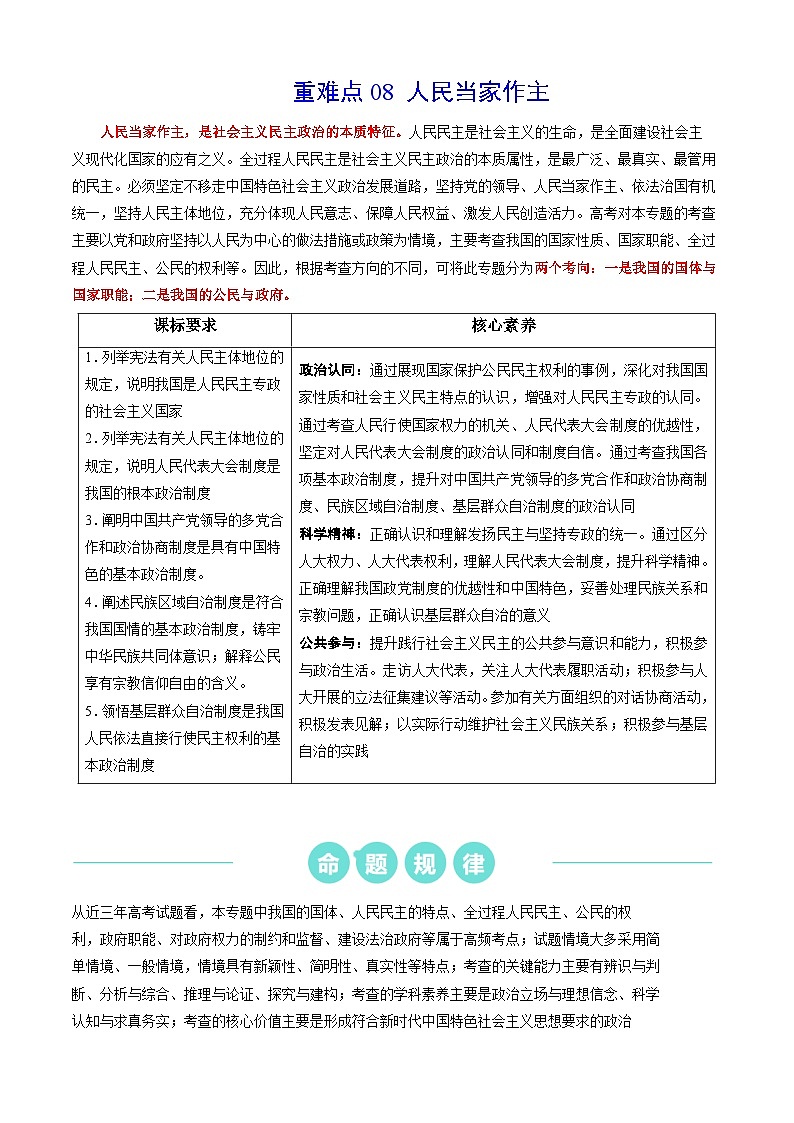 重难点08 人民当家作主（原卷版）第1页