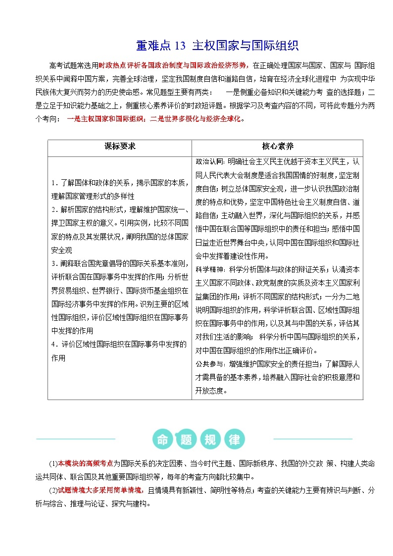 重难点13 主权国家与国际组织2024年高考政治【热点·重难点】专练（新高考专用）01