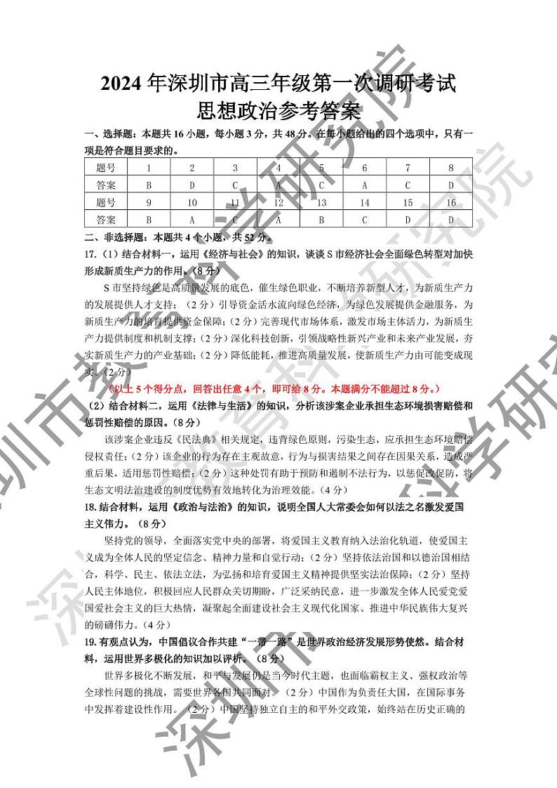 2024年深圳市高三年级第一次调研考试政治试卷及参考答案01