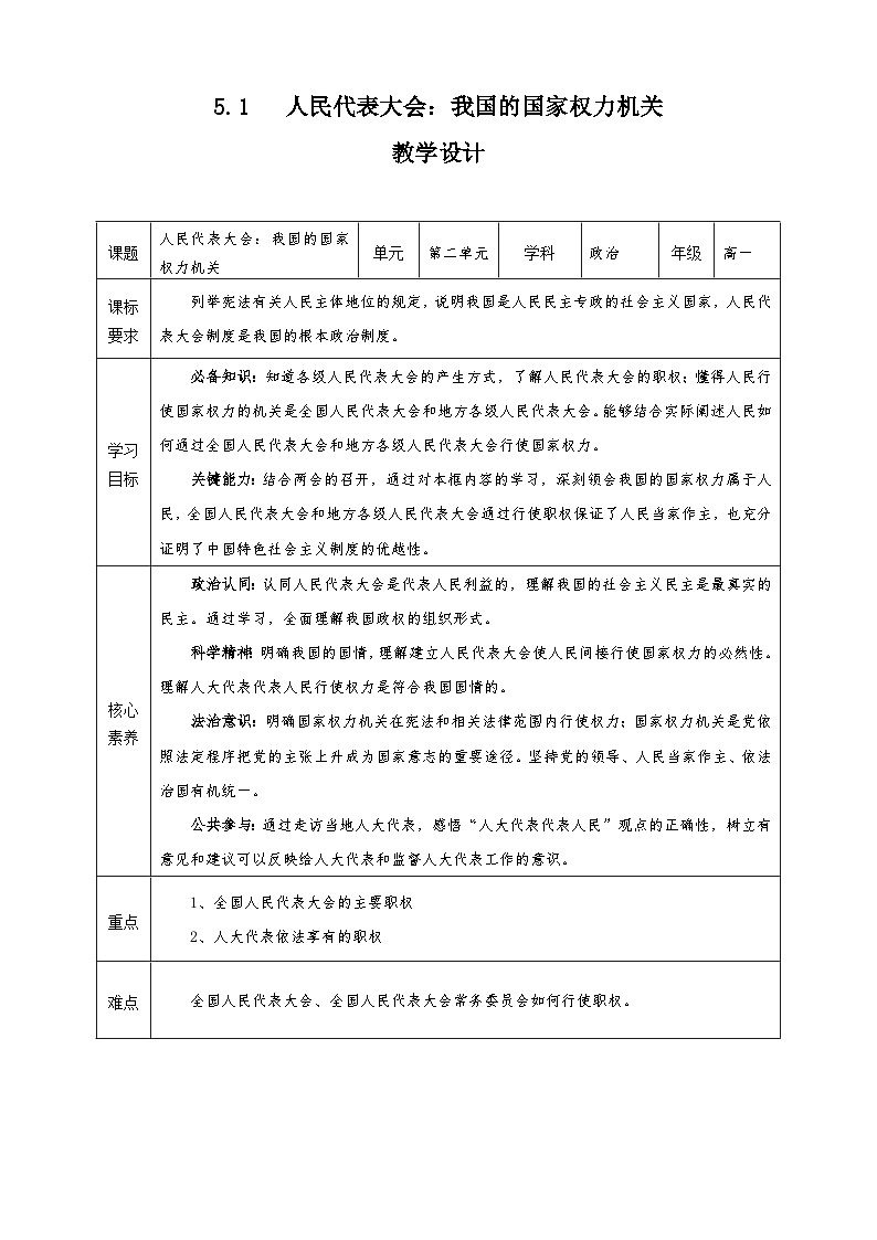 统编版必修三政治与法治5.1《人民代表大会：我国的国家权力机关》教学设计01