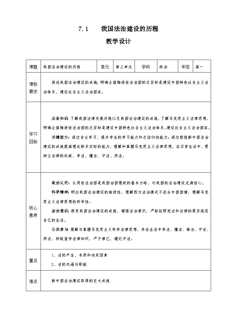 统编版必修三政治与法治7.1《我国法治建设的历程》教学设计第1页