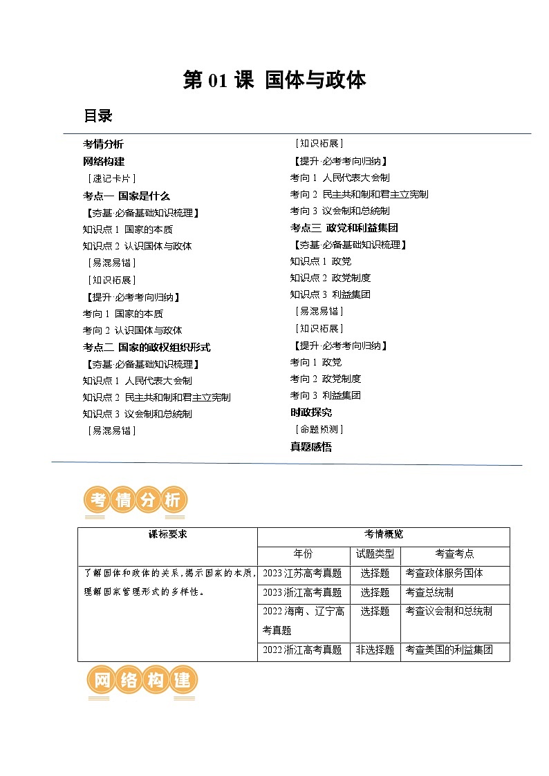 第01课 国体与政体（讲义）-高考政治一轮复习讲练测（新教材新高考）01