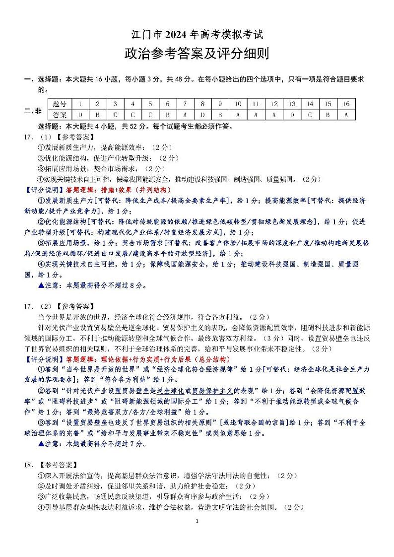 广东省江门市2024年高考模拟考试（一）政治答案第1页