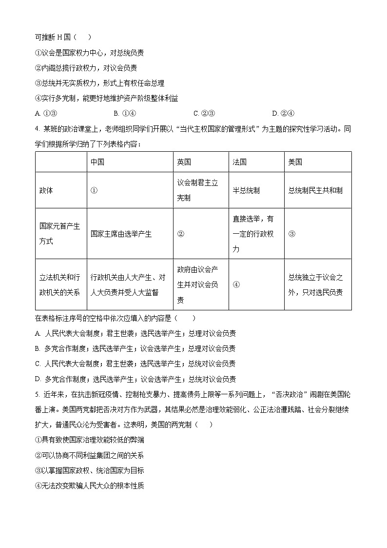 四川省遂宁市射洪中学2023-2024学年高二下学期3月月考政治试卷（Word版附解析）02