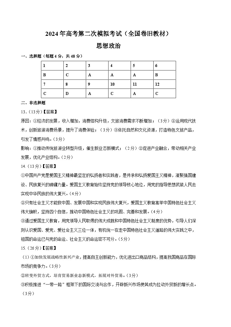 2024年高考第二次模拟考试卷：政治（全国卷）（参考答案）第1页