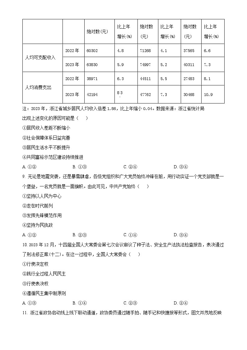 浙江省温州市2024届高三下学期3月第二次适应性考试（二模）政治试卷（Word版附解析）03