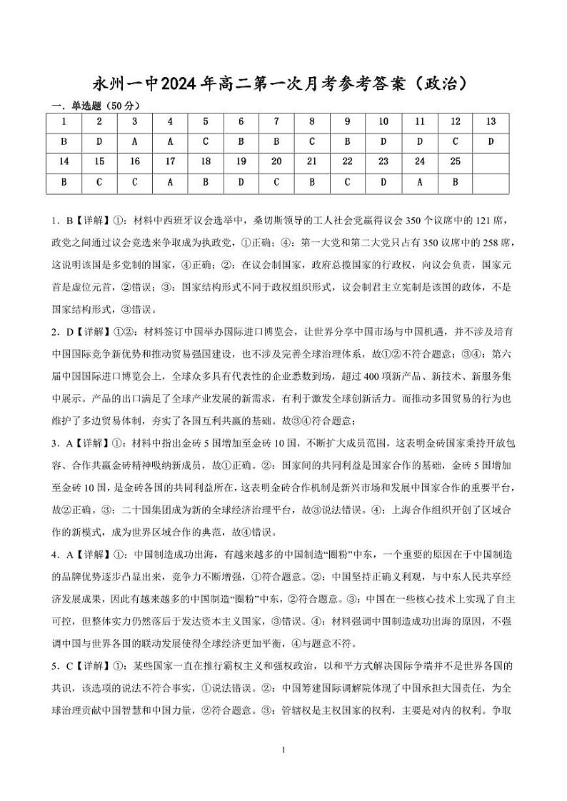 2024永州一中高二下学期3月月考政治试题PDF版含解析01