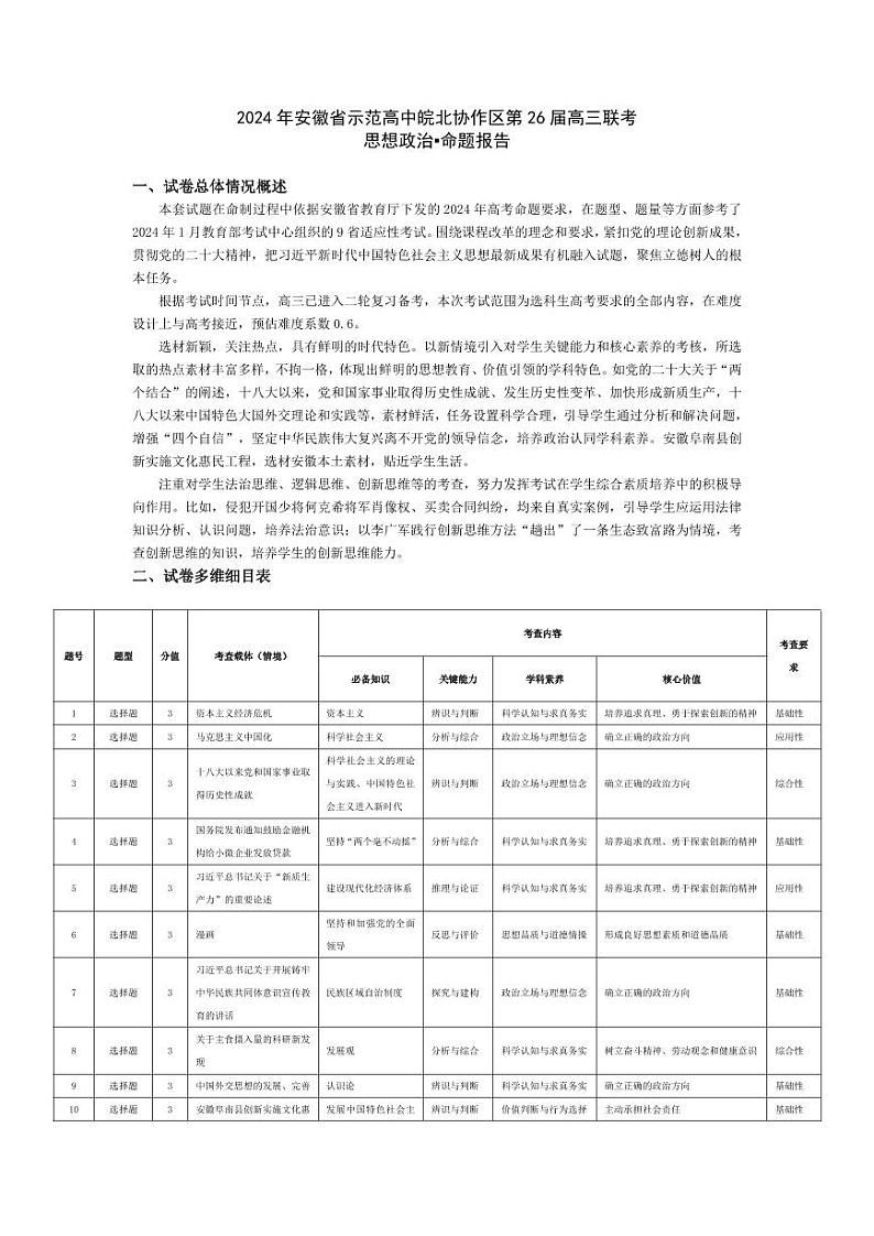 政治-2024年安徽省示范高中皖北协作区第26届高三联考命题报告第1页