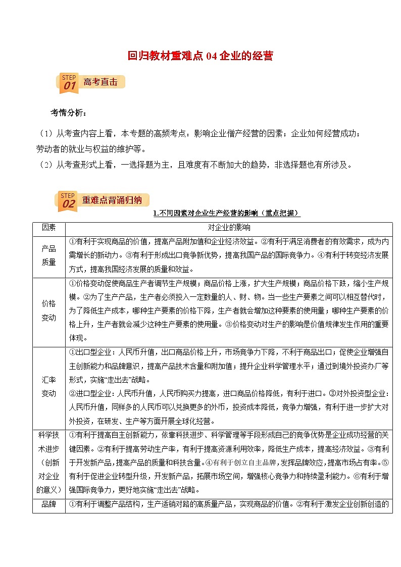 回归教材重难点04 企业的经营-高考政治三轮冲刺过关（全国通用）01