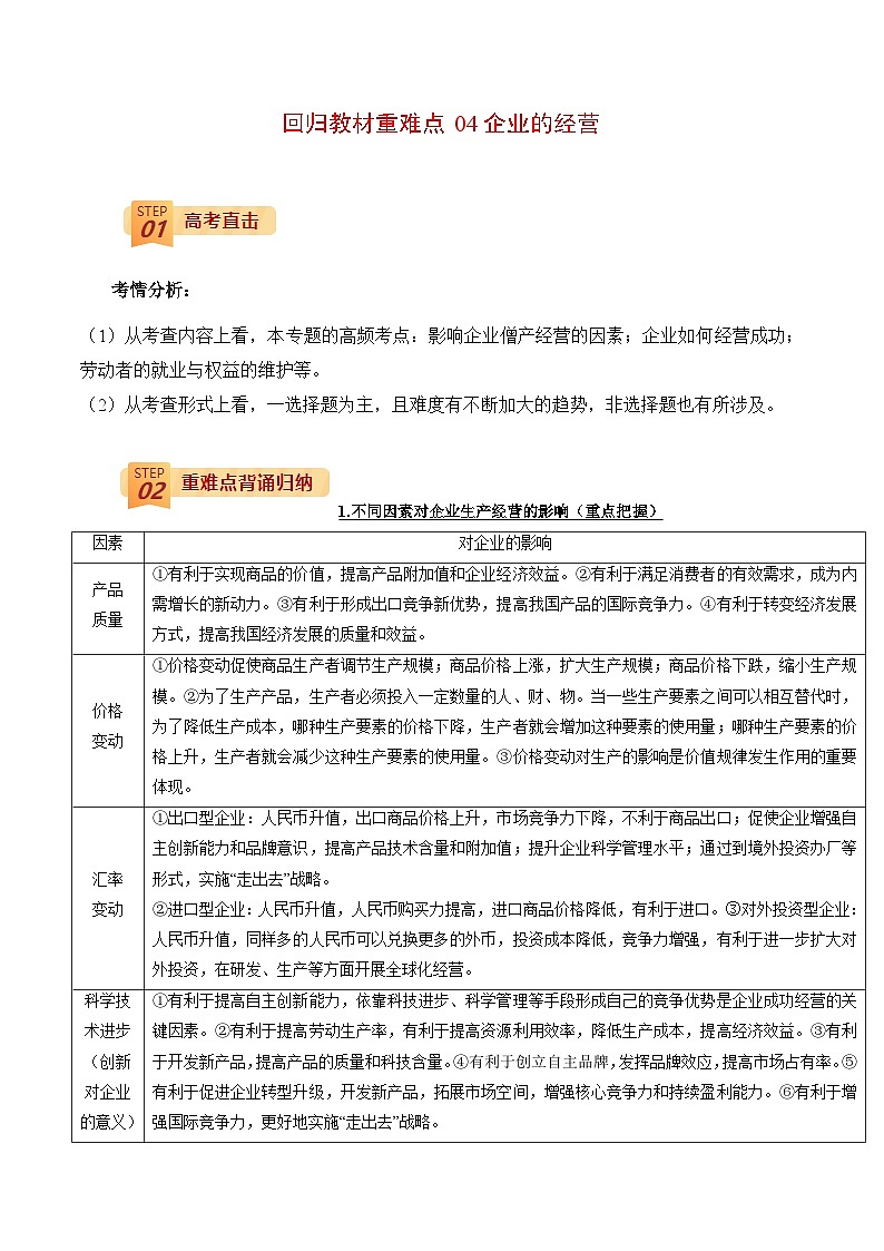 回归教材重难点04 企业的经营-高考政治三轮冲刺过关（全国通用）01