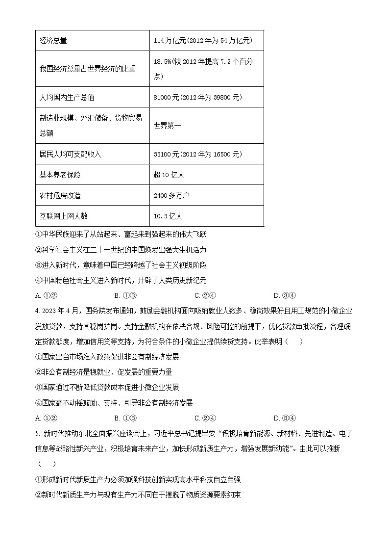 安徽省部分学校2023-2024学年高三下学期3月月考政治试题（原卷版）第2页