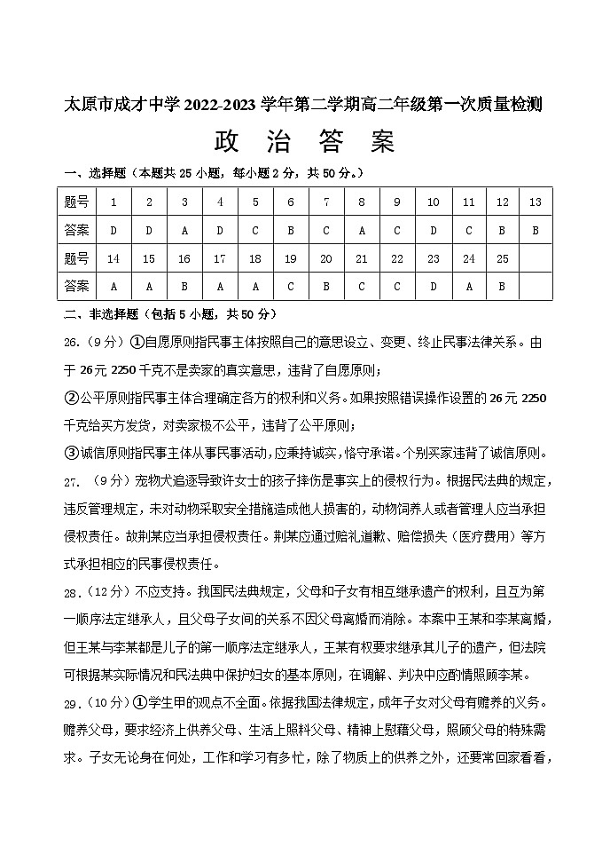 山西省太原市成才中学2022-2023学年高二下学期第一次质量检测政治试题01