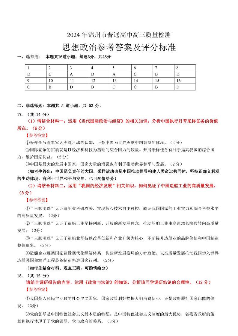 2024年锦州市普通高中高三质量检测思想政治答案第1页