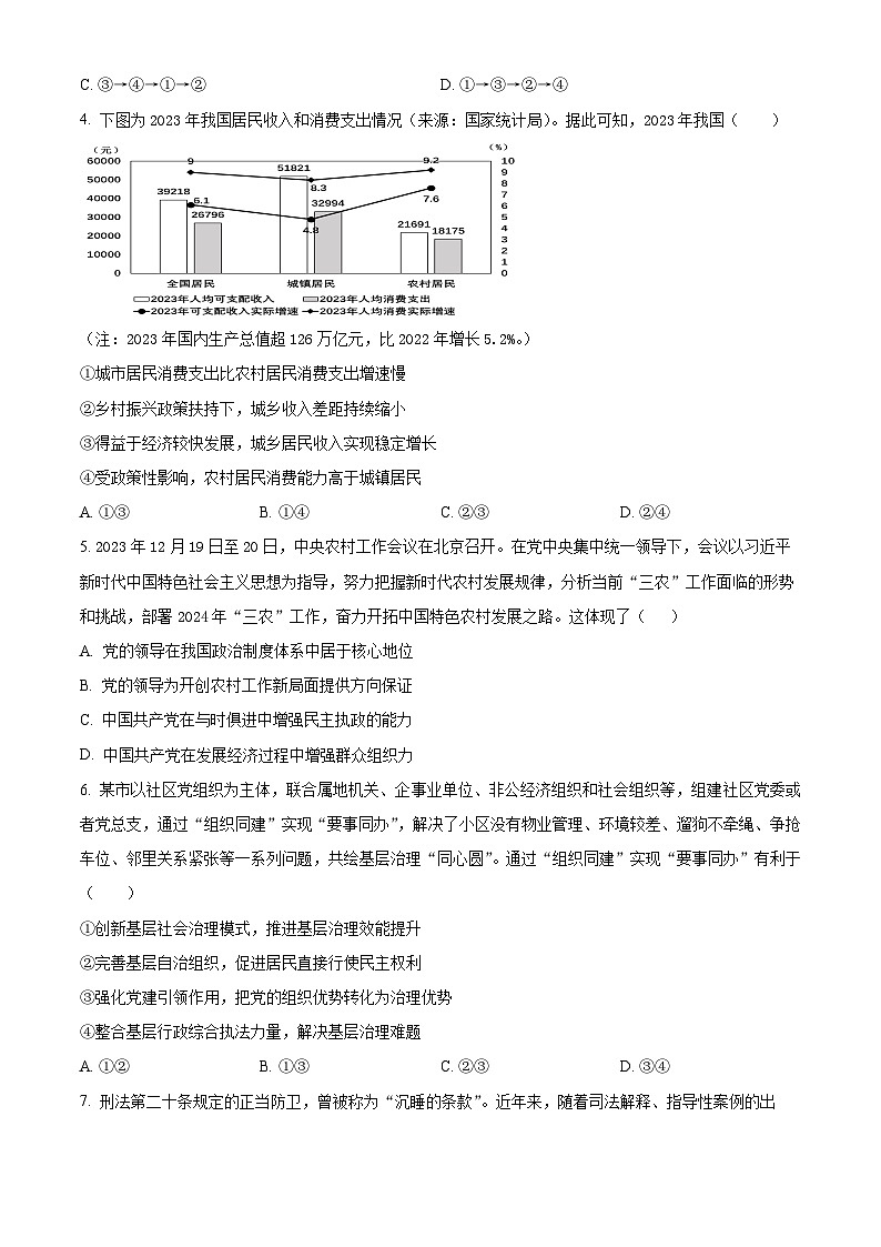 黑龙江省牡丹江市普通高中协同发展共同体2023-2024学年高三下学期第一次模拟政治试题（原卷版）第2页